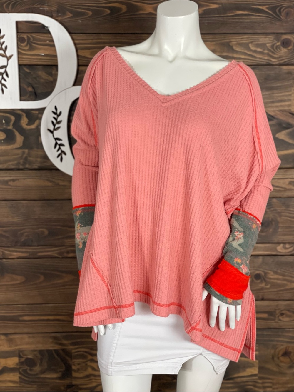 We The Free Loving Leopard Coral Pink V-Neck Waffle Tunic Floral Cuffs Oversized